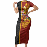 Papua New Guinea Independence Day Short Sleeve Bodycon Dress Birds-of-Paradise Melanesian Tattoos Tropical Plants LT03 Long Dress Multicolor - Polynesian Pride