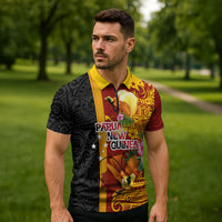 Papua New Guinea Independence Day Zipper Polo Shirt Birds-of-Paradise Melanesian Tattoos Tropical Plants LT03 - Polynesian Pride