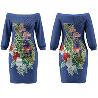 Guam Chamorro Couples Matching Off The Shoulder Long Sleeve Dress and Long Sleeve Button Shirt Tribal Latte Stone and Seal Artwork Polynesian Patterns LT03 - Polynesian Pride