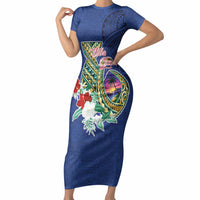 Guam Chamorro Short Sleeve Bodycon Dress Tribal Latte Stone and Seal Artwork Polynesian Patterns LT03 Long Dress Multicolor - Polynesian Pride