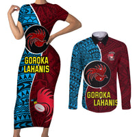 Custom Bintangor Goroka Lahanis Rugby Couples Matching Short Sleeve Bodycon Dress and Long Sleeve Button Shirts Papua New Guinea Polynesian Tattoo LT03 Red - Polynesian Pride