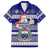 Samoa Christmas Family Matching Off Shoulder Maxi Dress and Hawaiian Shirt The Santa Coat of Arms with Samoa Bracelet Pattern LT03 Dad's Shirt - Short Sleeve Blue - Polynesian Pride