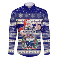 Samoa Christmas Family Matching Short Sleeve Bodycon Dress and Hawaiian Shirt The Santa Coat of Arms with Samoa Bracelet Pattern LT03 Dad's Shirt - Long Sleeve Blue - Polynesian Pride