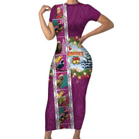 New Zealand Merry Christmas Family Matching Short Sleeve Bodycon Dress and Hawaiian Shirt Maori Animals, Koru Tattoo - Pink Xmas Style