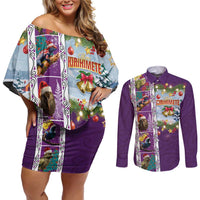 New Zealand Merry Christmas Couples Matching Off Shoulder Short Dress and Long Sleeve Button Shirt Maori Animals, Koru Tattoo - Purple Xmas Style