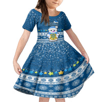 Tuvalu Christmas Family Matching Off Shoulder Short Dress and Hawaiian Shirt Snowman Hugs Tuvalu Coat of Arms Maori Pattern Blue Style LT03 Daughter's Dress Blue - Polynesian Pride