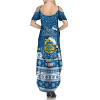 Tuvalu Christmas Family Matching Summer Maxi Dress and Hawaiian Shirt Snowman Hugs Tuvalu Coat of Arms Maori Pattern Blue Style LT03 - Polynesian Pride