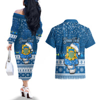 Personalised Tuvalu Christmas Couples Matching Off The Shoulder Long Sleeve Dress and Hawaiian Shirt Snowman Hugs Tuvalu Coat of Arms Maori Pattern Blue Style LT03 - Polynesian Pride