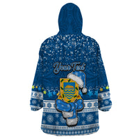 Personalised Tuvalu Christmas Wearable Blanket Hoodie Snowman Hugs Tuvalu Coat of Arms Maori Pattern Blue Style LT03 - Polynesian Pride