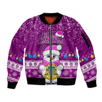 Tuvalu Christmas Sleeve Zip Bomber Jacket Snowman Hugs Tuvalu Coat of Arms Maori Pattern Pink Style LT03 Unisex Pink - Polynesian Pride