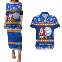 Marshall Islands Christmas Couples Matching Puletasi Dress and Hawaiian Shirt Santa Claus and Coat of Arms Mix Polynesian Xmas Style LT03 Blue - Polynesian Pride