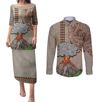 Aloha Volcano Custom Couples Matching Puletasi Dress and Long Sleeve Button Shirt Mix Hawaiian Kakau Tribal LT03 Beige - Polynesian Pride