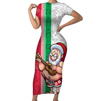 Hawaii Mele Kalikimaka Short Sleeve Bodycon Dress Santa Playing Ukele Mix Kakau Pattern Xmas Style LT03 Long Dress Red - Polynesian Pride