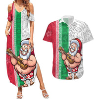 Custom Hawaii Mele Kalikimaka Couples Matching Summer Maxi Dress and Hawaiian Shirt Santa Playing Ukele Mix Kakau Pattern Xmas Style LT03 Red - Polynesian Pride