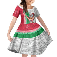 Custom Hawaii Mele Kalikimaka Family Matching Long Sleeve Bodycon Dress and Hawaiian Shirt Santa Playing Ukele Mix Kakau Pattern Xmas Style LT03 Daughter's Dress Red - Polynesian Pride