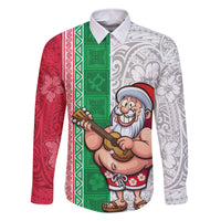 Custom Hawaii Mele Kalikimaka Family Matching Long Sleeve Bodycon Dress and Hawaiian Shirt Santa Playing Ukele Mix Kakau Pattern Xmas Style LT03 Dad's Shirt - Long Sleeve Red - Polynesian Pride