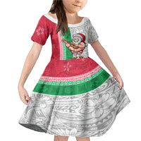 Custom Hawaii Mele Kalikimaka Family Matching Mermaid Dress and Hawaiian Shirt Santa Playing Ukele Mix Kakau Pattern Xmas Style LT03 Daughter's Dress Red - Polynesian Pride