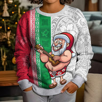 Custom Hawaii Mele Kalikimaka Kid Ugly Christmas Sweater Santa Playing Ukele Mix Kakau Pattern Xmas Style LT03 - Polynesian Pride