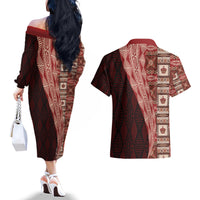 Tonga Fonulei and Ngatu Pattern Couples Matching Off The Shoulder Long Sleeve Dress and Hawaiian Shirt LT03 - Polynesian Pride