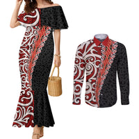New Zealand Maori Stylized Koru Couples Matching Mermaid Dress and Long Sleeve Button Shirt LT03 Red - Polynesian Pride