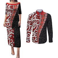 New Zealand Maori Stylized Koru Couples Matching Puletasi and Long Sleeve Button Shirt LT03 Red - Polynesian Pride