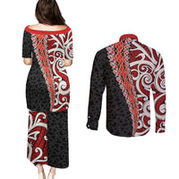 New Zealand Maori Stylized Koru Couples Matching Puletasi and Long Sleeve Button Shirt LT03 - Polynesian Pride