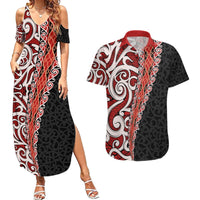 New Zealand Maori Stylized Koru Couples Matching Summer Maxi Dress and Hawaiian Shirt LT03 Red - Polynesian Pride