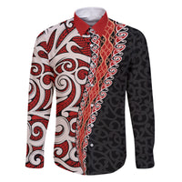 New Zealand Maori Stylized Koru Family Matching Off Shoulder Long Sleeve Dress and Hawaiian Shirt LT03 Dad's Shirt - Long Sleeve Red - Polynesian Pride