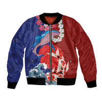 Hawaiian and Japanese Together Bomber Jacket The Whale and Koi Fish with Hinomaru and Lei LT03 Unisex Blue - Polynesian Pride