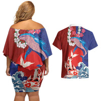 Hawaiian and Japanese Together Couples Matching Off Shoulder Short Dress and Hawaiian Shirt The Whale and Koi Fish with Hinomaru and Lei