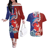Hawaiian and Japanese Together Couples Matching Off The Shoulder Long Sleeve Dress and Hawaiian Shirt The Whale and Koi Fish with Hinomaru and Lei