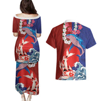 Hawaiian and Japanese Together Couples Matching Puletasi and Hawaiian Shirt The Whale and Koi Fish with Hinomaru and Lei