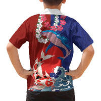 Hawaiian and Japanese Together Family Matching Off The Shoulder Long Sleeve Dress and Hawaiian Shirt The Whale and Koi Fish with Hinomaru and Lei