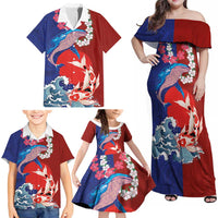Hawaiian and Japanese Together Family Matching Off Shoulder Maxi Dress and Hawaiian Shirt The Whale and Koi Fish with Hinomaru and Lei