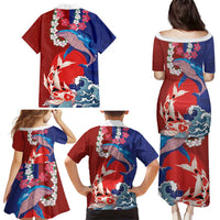 Hawaiian and Japanese Together Family Matching Puletasi and Hawaiian Shirt The Whale and Koi Fish with Hinomaru and Lei