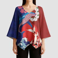 Hawaiian and Japanese Together Kimono Sleeve Blouse The Whale and Koi Fish with Hinomaru and Lei - Polynesian Pride