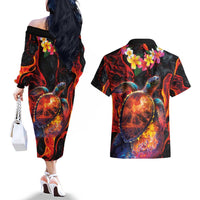 Hawaiian Turtle with Volcanic Eruption Couples Matching Off The Shoulder Long Sleeve Dress and Hawaiian Shirt Hibiscus Lei and Lava Flow an Abstract Texture