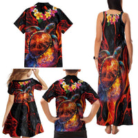 Hawaiian Turtle with Volcanic Eruption Family Matching Tank Maxi Dress and Hawaiian Shirt Hibiscus Lei and Lava Flow an Abstract Texture