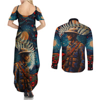 New Zealand Soldier ANZAC Day Couples Matching Summer Maxi Dress and Long Sleeve Button Shirt Silver Fern Starry Night Style LT03 - Polynesian Pride