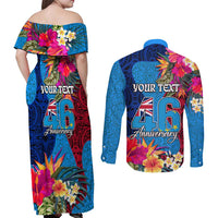 Personalised Tuvalu Independence Day Couples Matching Off Shoulder Maxi Dress and Long Sleeve Button Shirt 1st October 46th Anniversary Polynesian Jungle Flower LT03 - Polynesian Pride