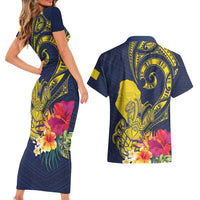Niue Independence Day Couples Matching Short Sleeve Bodycon Dress and Hawaiian Shirt Hiapo Pattern Hibiscus Plumeria and Uga
