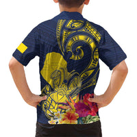 Niue Independence Day Kid Hawaiian Shirt Hiapo Pattern Hibiscus Plumeria and Uga