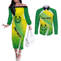 Custom Enga Mioks Rugby Couples Matching Off The Shoulder Long Sleeve Dress and Long Sleeve Button Shirts Papua New Guinea Polynesian Tattoo LT03 Green - Polynesian Pride