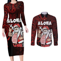 Hawaii Aloha Santa Claus Funny Polynesian Tattoo Couples Matching Long Sleeve Bodycon Dress and Long Sleeve Button Shirt Red Color