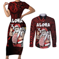 Hawaii Aloha Santa Claus Funny Polynesian Tattoo Couples Matching Short Sleeve Bodycon Dress and Long Sleeve Button Shirt Red Color