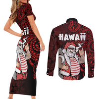 Hawaii Aloha Santa Claus Funny Polynesian Tattoo Couples Matching Short Sleeve Bodycon Dress and Long Sleeve Button Shirt Red Color