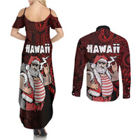 Hawaii Aloha Santa Claus Funny Polynesian Tattoo Couples Matching Summer Maxi Dress and Long Sleeve Button Shirt Red Color