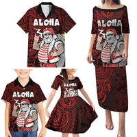 Hawaii Aloha Santa Claus Funny Polynesian Tattoo Family Matching Puletasi and Hawaiian Shirt Red Color