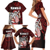 Hawaii Aloha Santa Claus Funny Polynesian Tattoo Family Matching Short Sleeve Bodycon Dress and Hawaiian Shirt Red Color