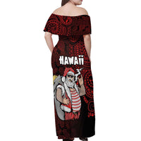 Hawaii Aloha Santa Claus Funny Polynesian Tattoo Off Shoulder Maxi Dress Red Color